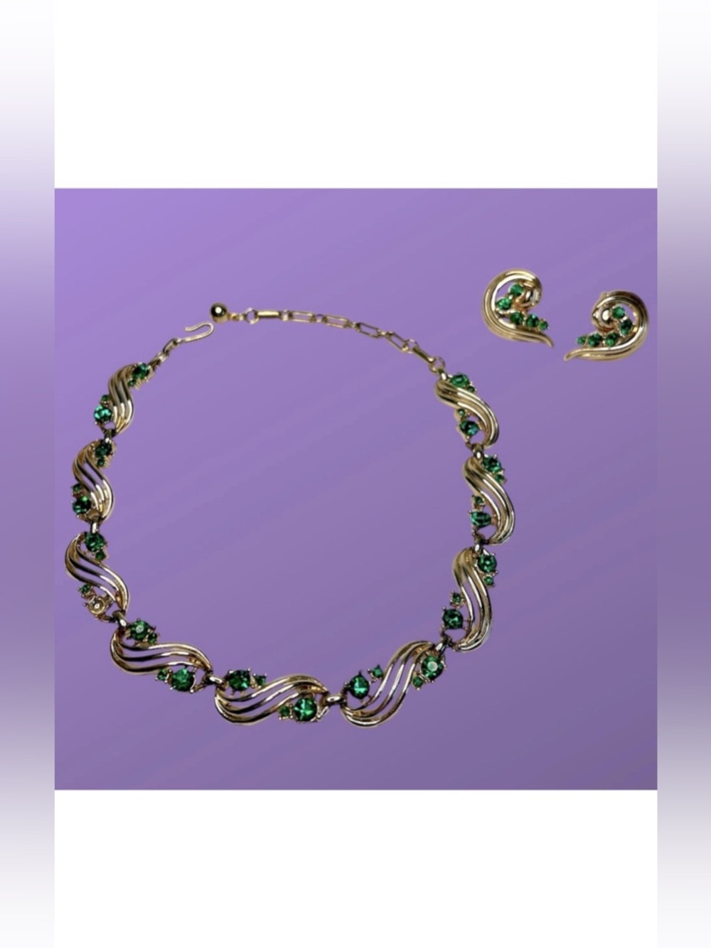 Coro • Vintage Gold Tone Clip On Earrings and Choker Necklace Green Rhinestone